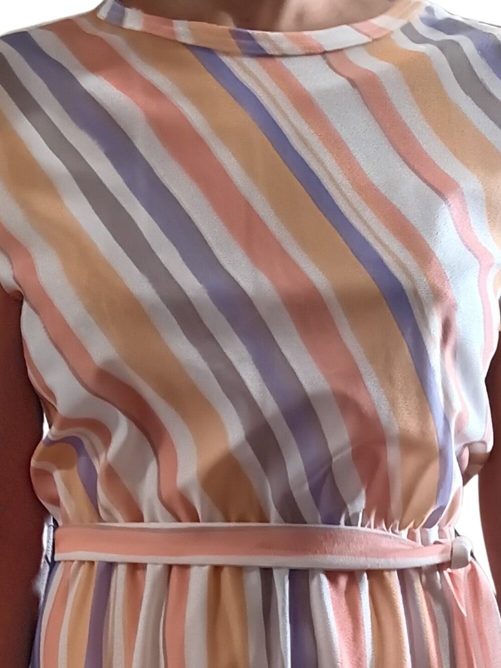 Vintage 70s Peach Striped Secretary Dress Sheer Midi with Belt Deadstock NOS S